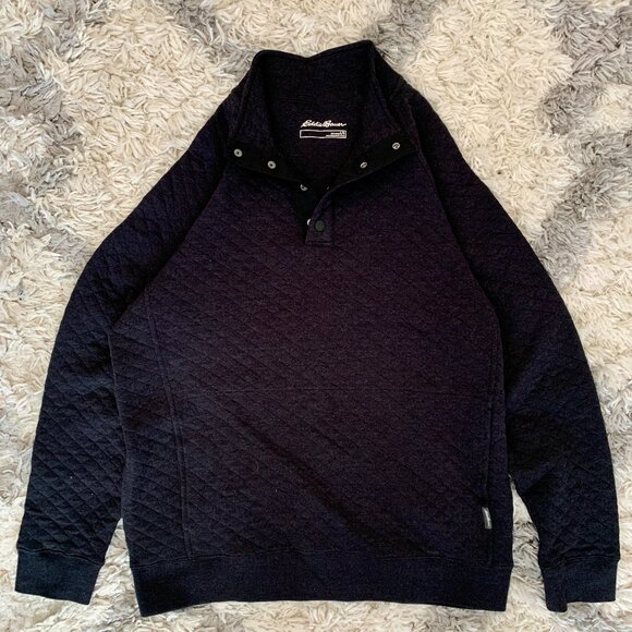 Eddie Bauer Sweater Henley Men's Large Diamond Black Pullover - Picture 1 of 9